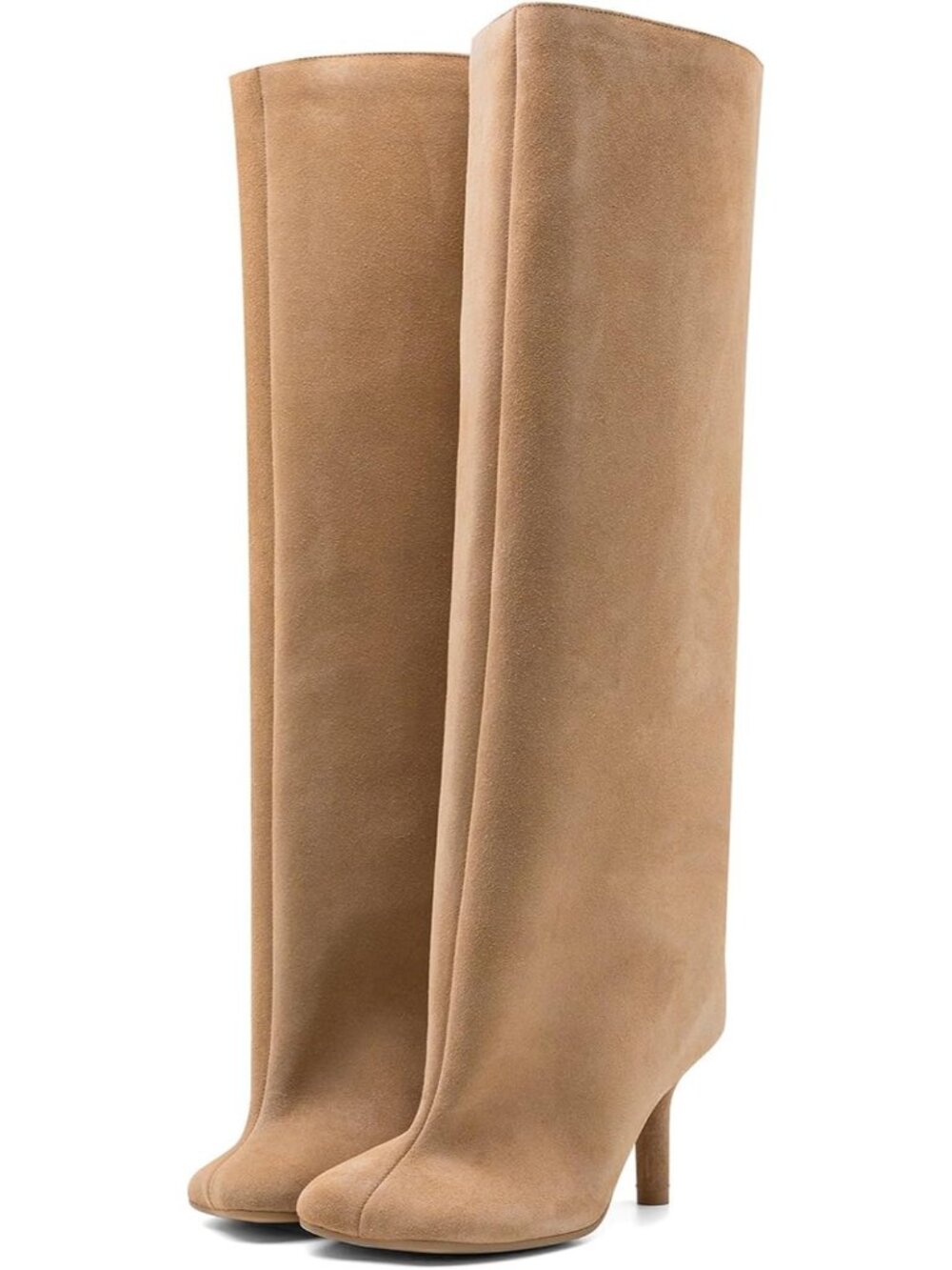 Women's Beige Wide Calf Square Toe Stiletto Heels Tall Knee High Suede Boot